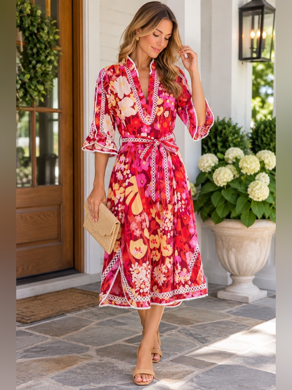 Lesley Evers Floral Belted Midi Dress Pink Red 2X